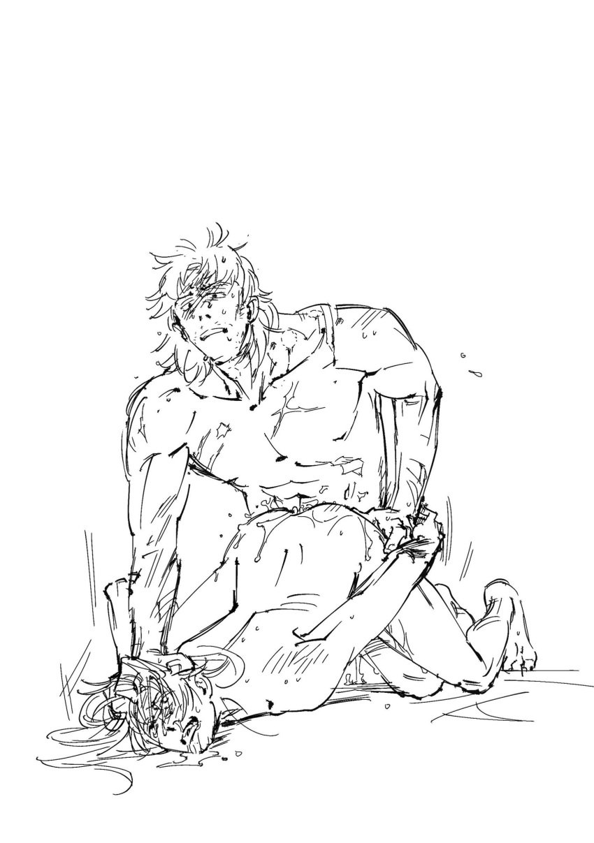 2boys abuto anal anal_sex bite_mark bite_marks chu_pumpkinhoe face_down_ass_up from_behind gay gintama head_grab kamui_(gintama) long_hair long_hair_male male male_only monochrome older_dom_younger_sub pinned pinned_down rough_sex scars sketch sweat yaoi