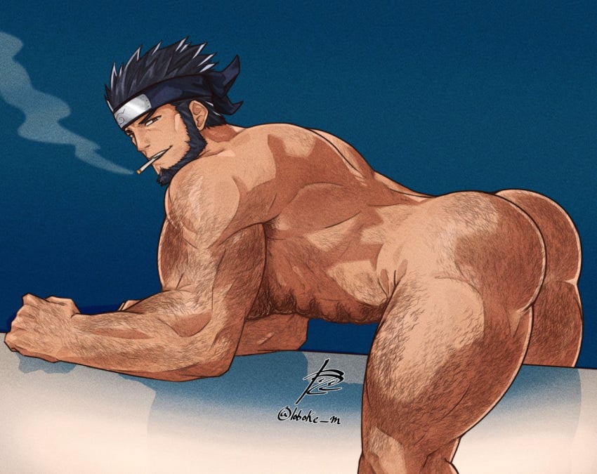 ass bara beard bent_over body_hair facial_hair headband loboke male male_only muscles muscular naruto nude sarutobi_asuma solo solo_male