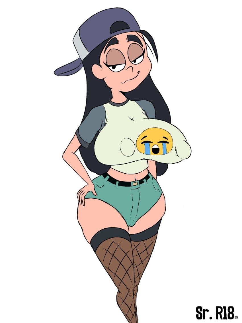 baseball_cap big_breasts dark_hair denim_shorts hard_nipples mel_(untitled_alex_hirsch_project) netflix sr_r18nsfw standing stockings t_shirt thick_thighs untitled_alex_hirsch_project