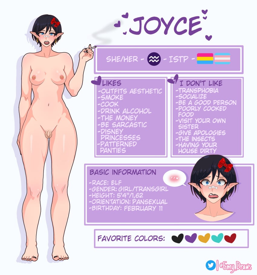 areolae balls band-aid_on_nose black_hair breasts character_sheet dialogue dick dickgirl elf elf_ears elf_female elf_girl emy_draws feminine_body flaccid foreskin full_body futa_only futanari futasub goth goth_girl gothic humanoid humanoid_penis joyce_(emy_draws) light-skinned_futanari light_skin micropenis nipple_piercing nipples nude penis pierced_nipples piercing piercings self_upload short_hair small_balls small_penis smoking solo standing text tiny_penis trans_woman uncut