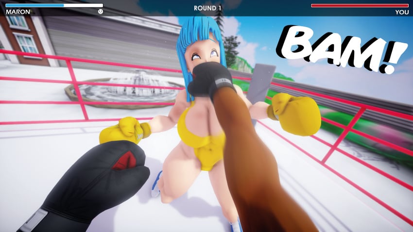 1boy 1girls 3d big_breasts black_boxing_gloves black_gloves blue_hair boxing boxing_gloves boxing_ring breasts cleavage dark-skinned_male dark_skin dragon_ball dragon_ball_z female_focus fight fighting gameplay_mechanics health_bar huge_breasts large_breasts light-skinned_female light_skin long_hair male_pov maron one-piece_swimsuit pov pov_boxing pov_male punch punching punching_face ryona swimsuit thick thick_thighs thighs ultimabox wide_hips yellow_boxing_gloves yellow_gloves yellow_swimsuit