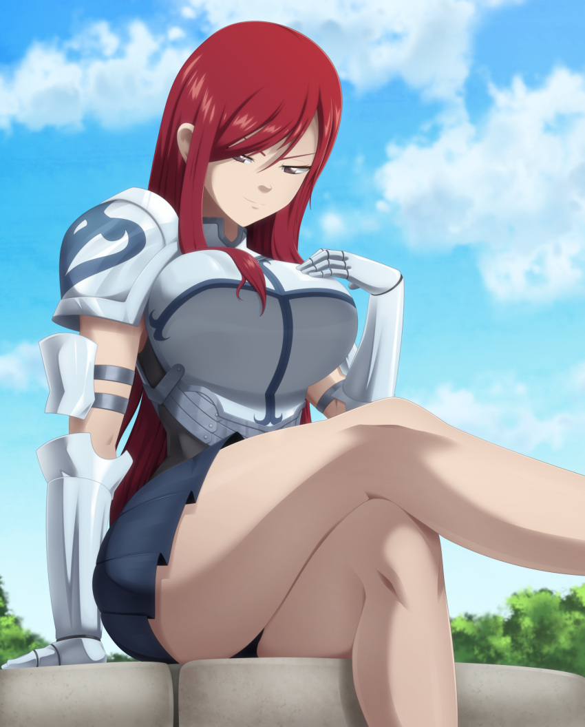 1girls big_breasts black_panties boots_removed breasts erza_scarlet fairy_tail female female_only large_breasts no_sex outdoors panties ravenravenraven shoes_removed solo thick_thighs wide_hips