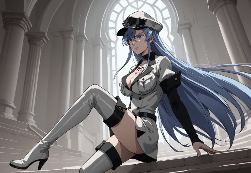 ai_generated akame_ga_kill! blue_eyes blue_hair boots breasts echodantalian esdeath esdeath_(akame_ga_kill!) girl high knee-high_boots long_hair military_uniform story story_in_picture strong_woman uniform