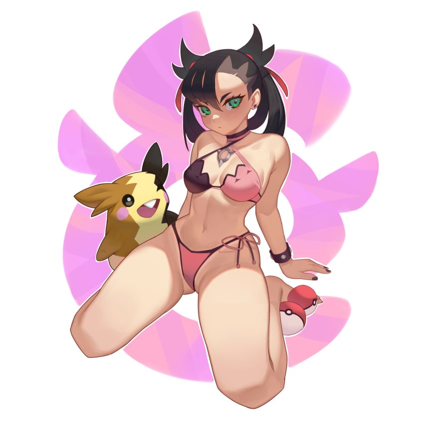 bikini black_hair blue_eyes dedenne marnie_(pokemon) pale-skinned_female pokeball pokemon roxythefoxy twintails