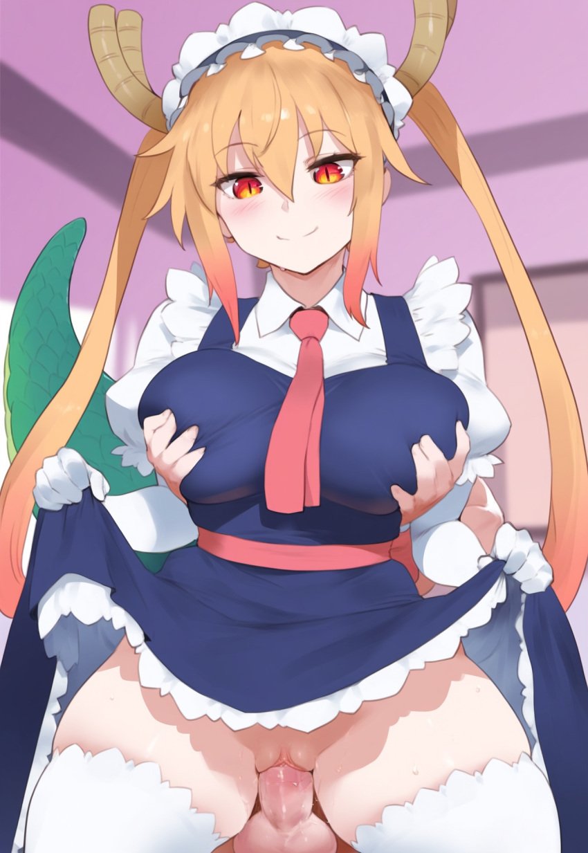 1girls ai_generated blonde_hair breast_grab clothed_sex grabbing_another&#039;s_breast grabbing_from_behind kobayashi-san_chi_no_maidragon large_breasts lifted_by_self looking_pleasured maid maid_headdress sex skirt_lift standing_sex tail testicles thighhighs tittyg-ai tohru_(dragon_maid) vaginal_penetration