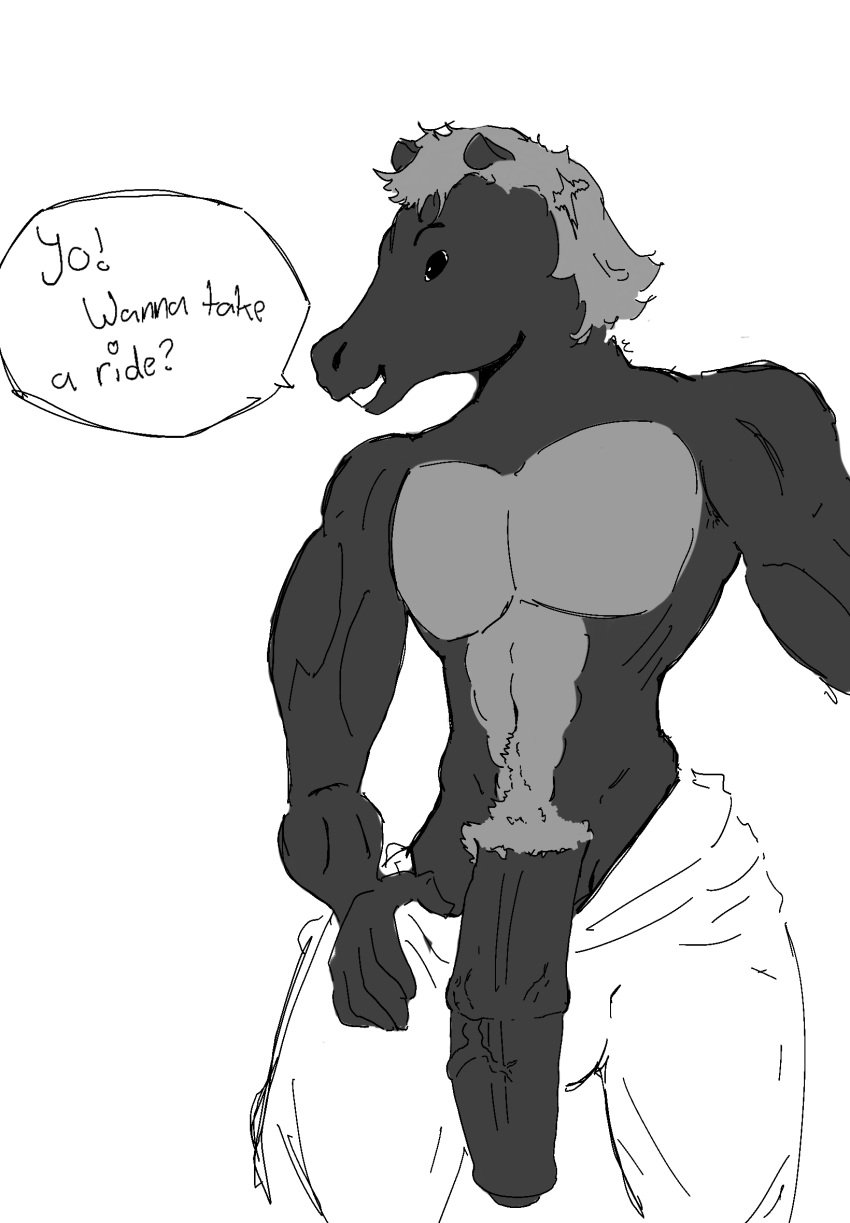 abs anthro athletic athletic_anthro athletic_male big_balls big_chest big_penis dialog dialogue exposed fit fit_male horse horse_ears horse_penis horsecock huge_cock hyogo monochrome muscles muscular muscular_male no_nipples no_shirt pants pulling_down_pants seductive seductive_smile sketch