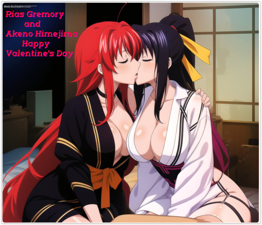 2girls ai_generated akeno_himejima flirting girl_on_girl high_school_dxd kissing lesbian_couple lesbian_kiss lesbian_sex lovers rias_gremory valentine&#039;s_day yuri yuri yuri