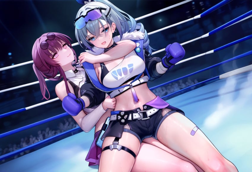 2girls ai_generated boxing boxing_gloves boxing_ring catfight honkai:_star_rail kafka_(honkai:_star_rail) silver_wolf_(honkai:_star_rail) yuri