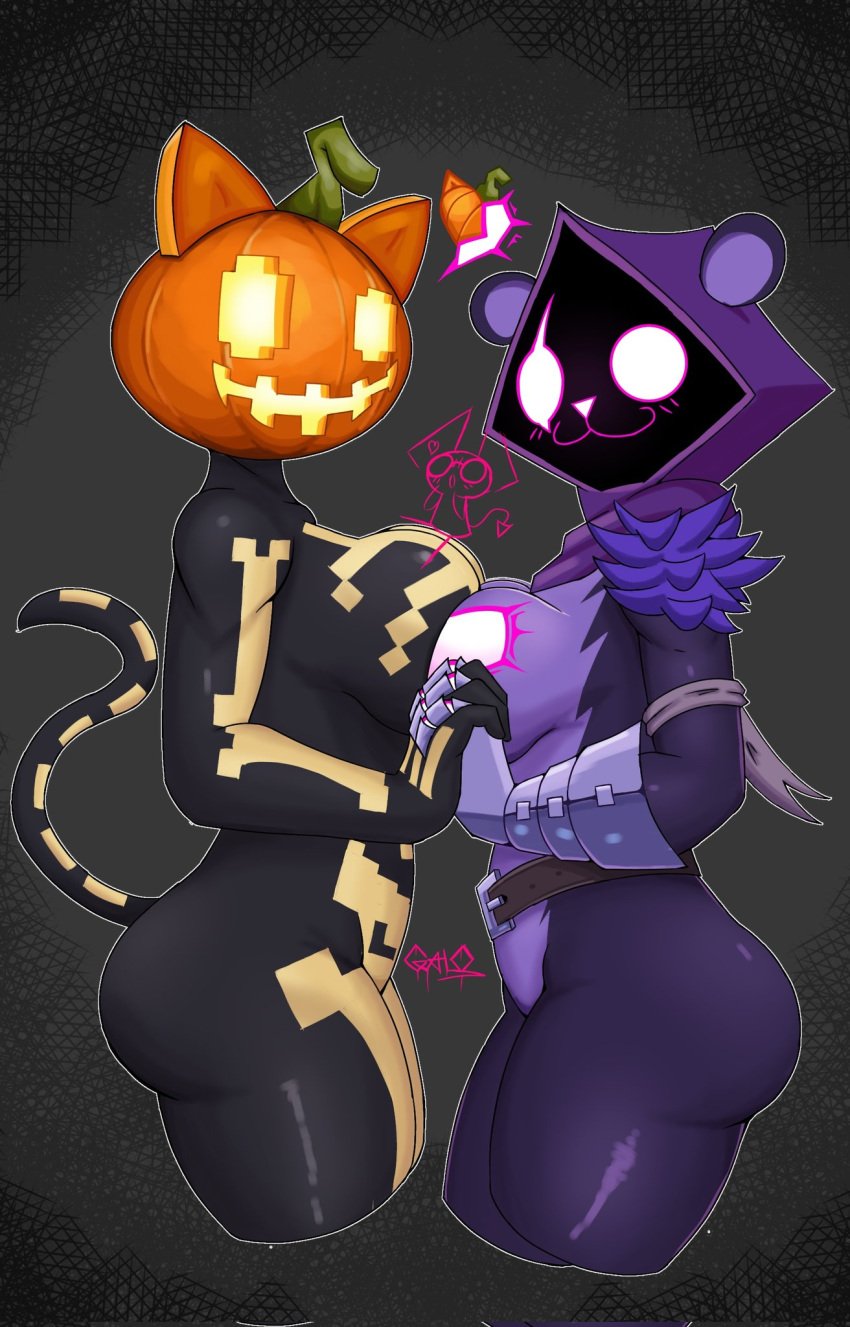 2girls :3 anthro ass ass_focus bear big_breasts breast_press breasts cat cat_ears cat_tail catgirl feline fortnite fortnite:_battle_royale furry galo_78 glowing_eyes holding_hands pressing_breasts_together pumpkin pumpkin_cat_(fortnite) pumpkin_head raven_team_leader tagme tail tits