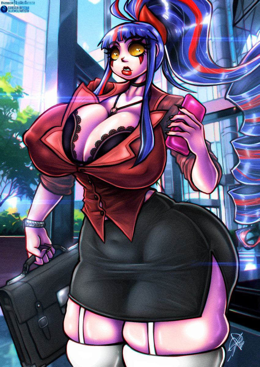 big_breasts blue_hair bluewolfartista clown clown_girl huge_breasts jester jester_girl massive_breasts monster_girl neckline nipple_tweak oc office_clothing office_lady original_character pale_skin ponytail red_lipstick wide_hips yellow_eyes