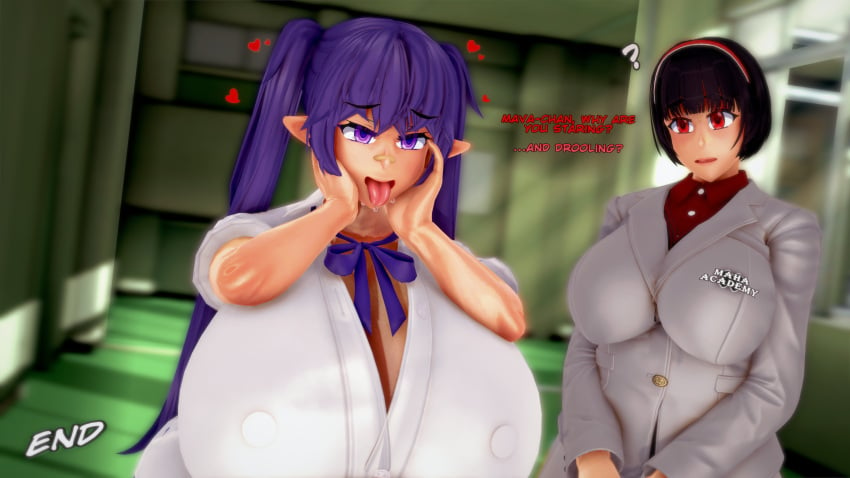 2girls 3d ahe_gao brown_hair day daydream dialogue dreaming end_page ending female_focus koikatsu mavailo_saighdear mika_yamada original_characters purple_eyes purple_hair red_eyes school school_uniform schoolgirl solas_(artist) text