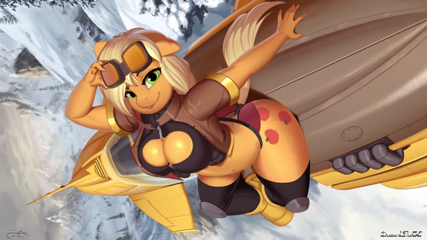 16:9 anthro anthrofied applejack_(mlp) blonde_hair breasts cleavage_cutout clothed clothing cutie_mark cutout discordthege equid equine eyewear female friendship_is_magic fur goggles green_eyes hasbro hi_res hoverbike mammal midriff my_little_pony navel orange_body orange_fur outside solo tongue tongue_out widescreen