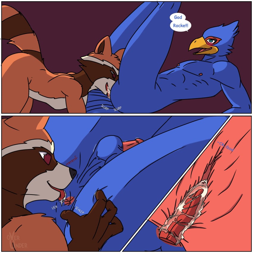 anal anthro anus ass avian balls beak bird blue_body blush bodily_fluids brown_body brown_fur canid canine duo erection falco_lombardi feathers fur genitals guardians_of_the_galaxy hi_res humanoid_genitalia humanoid_penis male male/male male_penetrated male_penetrating male_penetrating_male mammal marvel nintendo nipples nude open_mouth oral overunder penetration penis procyonid raccoon rimming rocket_raccoon saliva sex simple_background smile star_fox tail tongue tongue_out