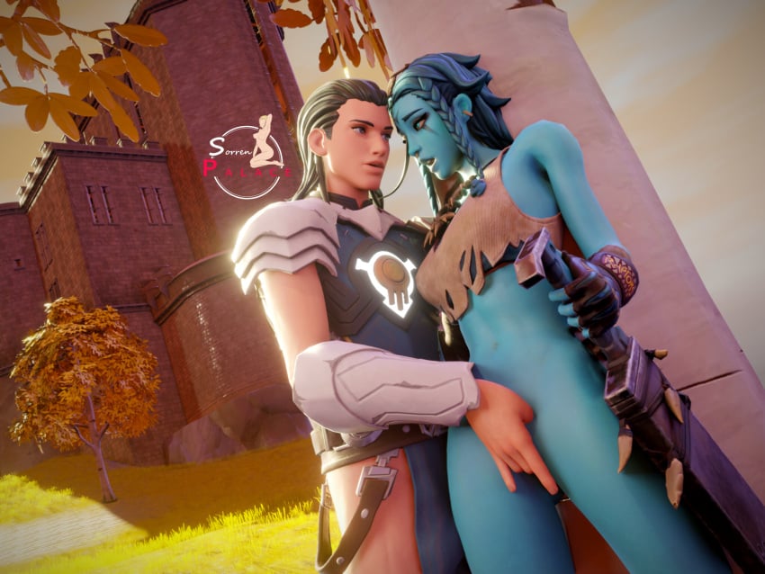 1boy 1boy1girl 1girls armor armored armored_female armored_male black_hair blue_hair blue_skin castle female female fingering_partner fingering_pussy fortnite gia_(fortnite) grabbing grabbing_partner grabbing_pussy grass looking_at_another looking_at_partner looking_pleasured male masturbation outdoors outside partially_clothed partially_clothed_female partially_clothed_male pinned pinned_to_wall sorrenpalace straight sword the_ageless_(fortnite) tree trees vegetation