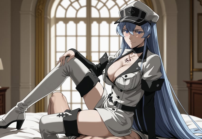 ai_generated akame_ga_kill! blue_eyes blue_hair boots breasts cowgirl_position echodantalian esdeath esdeath_(akame_ga_kill!) female femdom femdom_pov girl knee-high_boots long_hair military_uniform pov sitting_on_person story story_in_picture strong_woman uniform