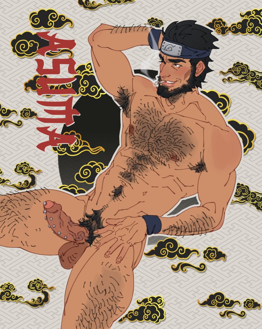 aliensdoodles armpit armpit_hair balls bara beard body_hair boner erection facial_hair hand_behind_head headband male male_only muscles muscular naruto nude penis penis_piercing sarutobi_asuma solo solo_male