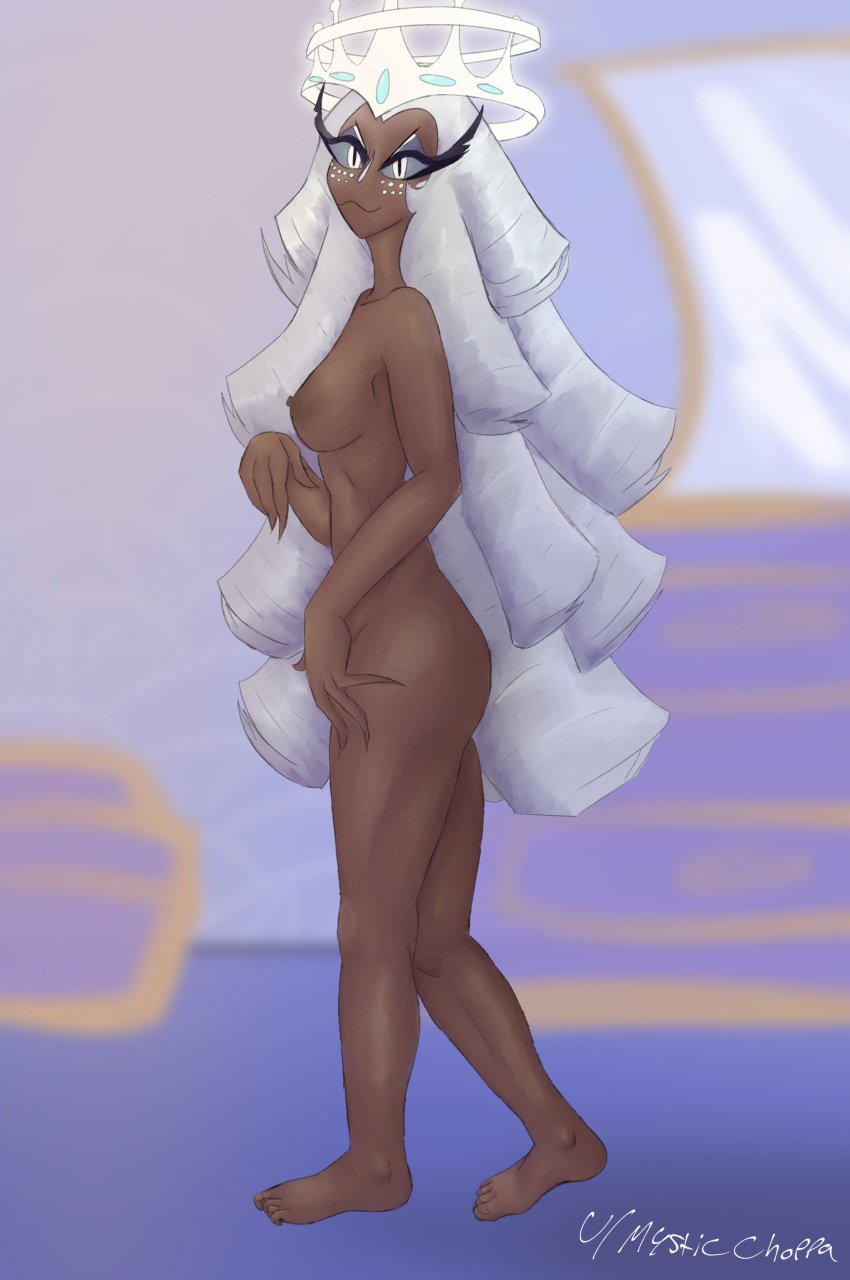 1girls 4_fingers 4_toes :3 angel blue_eyes dark-skinned_female face_markings feet freckles halo hazbin_hotel heaven mysticchoppa nipples sera_(hazbin_hotel) side_view sideboob solo white_eyes white_hair