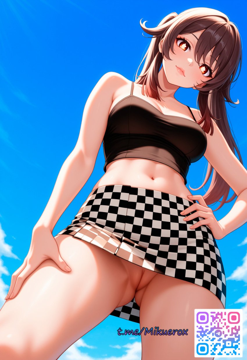 1girls ai_generated bangs blue_sky brown_eyes brown_hair checkered_skirt cleft_of_venus cloud cowboy_shot crop_top day daytime facing_viewer female female_only genshin_impact hand_on_hip hu_tao_(genshin_impact) lips long_hair looking_at_viewer looking_down_at_viewer microskirt midriff mikuerox no_panties outdoors pale-skinned_female pussy self_upload skirt solo tank_top twintails uncensored upskirt