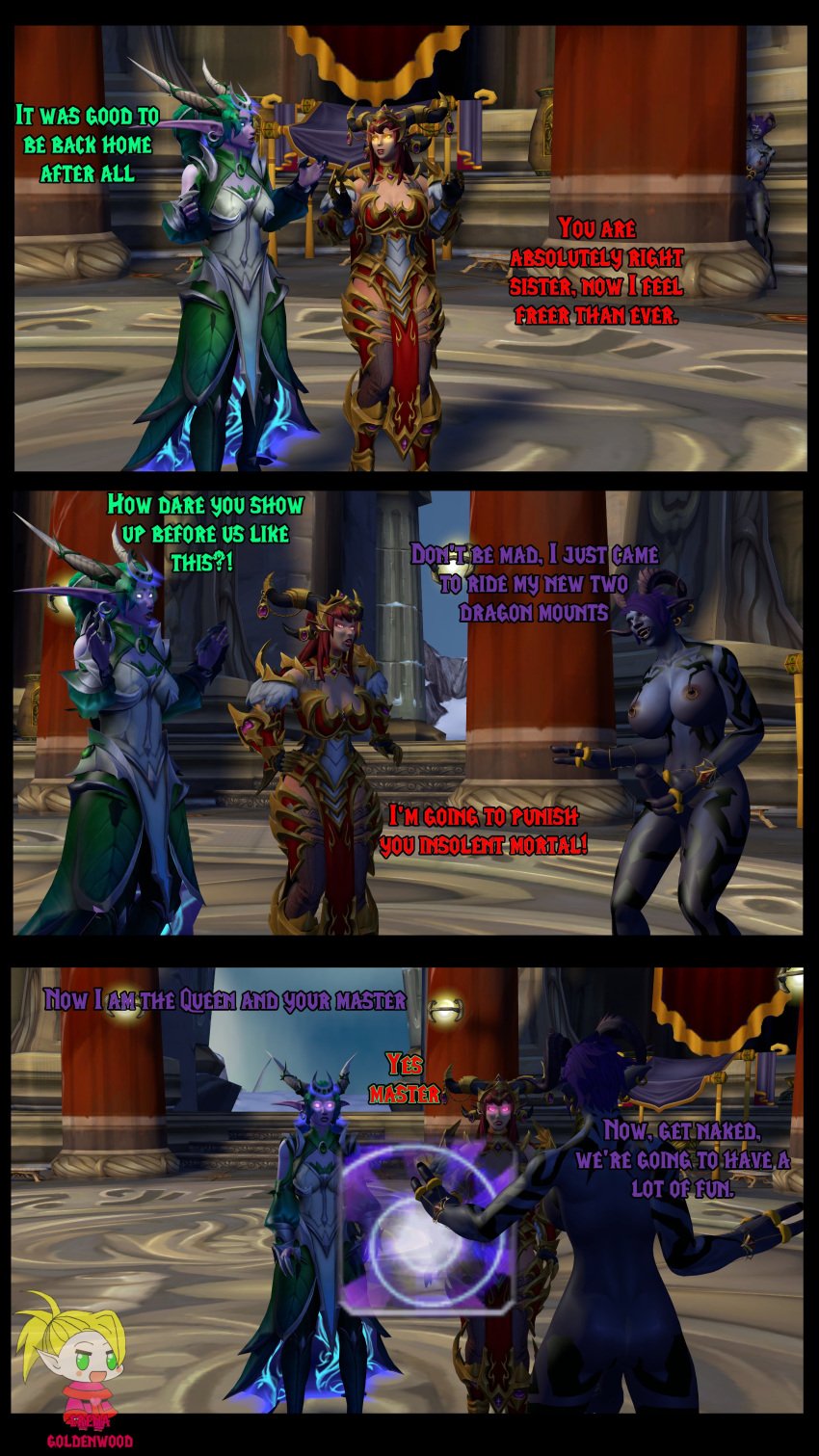 1futa 2girls 3d alexstrasza big_breasts big_penis blizzard_entertainment comic comic_page dialogue female futanari green_hair horns huge_breasts light-skinned_female light_skin mind_control nipple_piercing nipple_rings nude purple_skin red_hair sisters troll warcraft world_of_warcraft ysera zandalari_troll zilertt