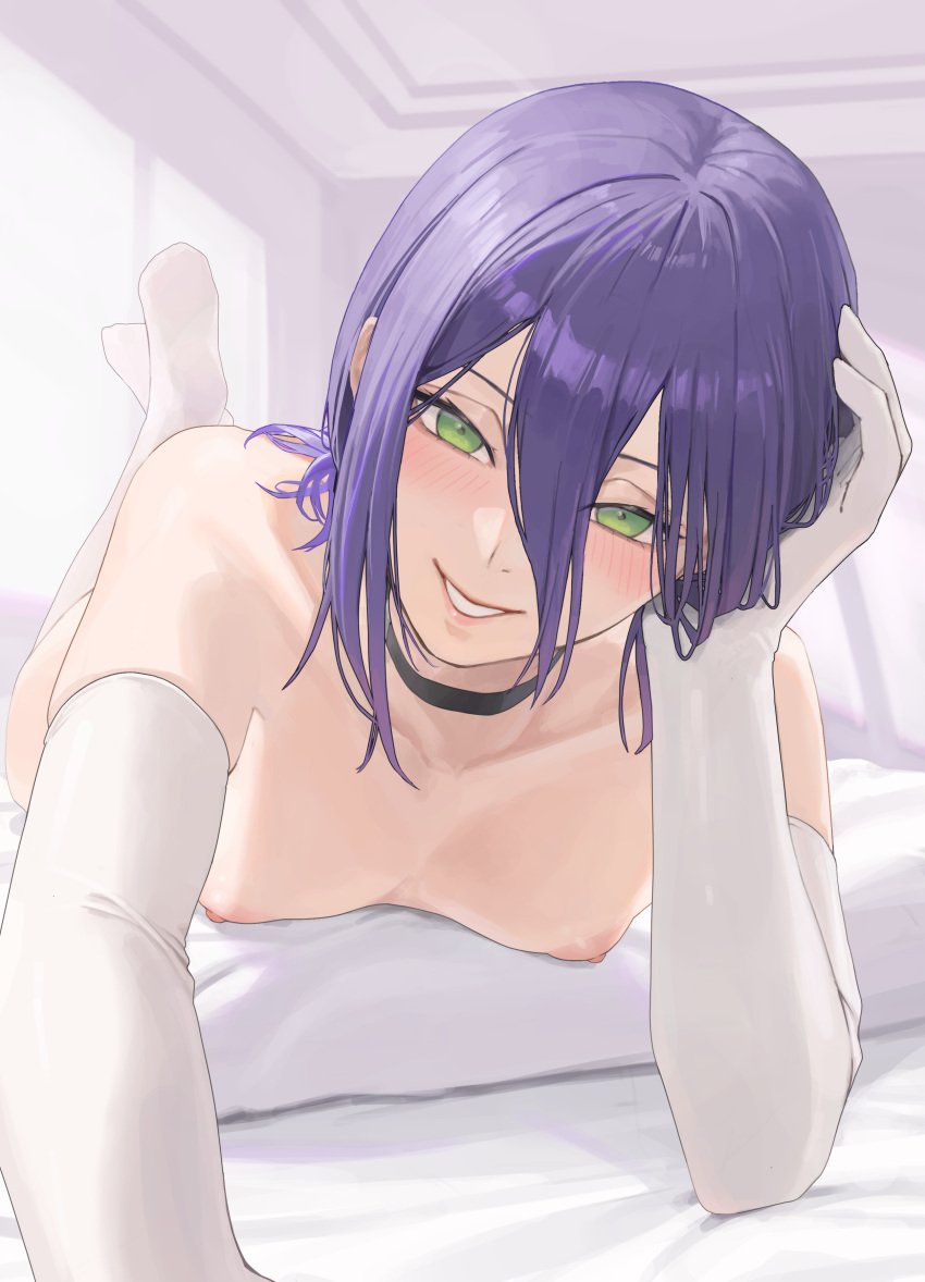 1girls absurd_res absurdres ano_(gccx8784) areolae black_choker breasts chainsaw_man choker elbow_gloves female female_only gloves green_eyes hair_between_eyes hi_res highres indoors light-skinned_female light_skin looking_at_viewer lying lying_on_stomach nipples purple_hair reze_(chainsaw_man) selfie short_hair smile smiling smiling_at_viewer solo solo_focus the_pose white_gloves white_legwear