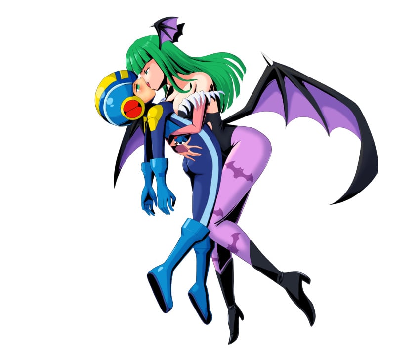 1boy 1girls ass bodysuit breasts darkstalkers doryu0 kissing leotard mega_man mega_man_battle_network megaman.exe morrigan_aensland pantyhose pervert_female submissive_male