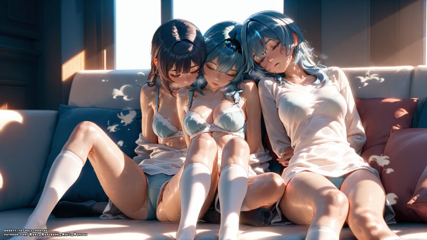 3girls ai_generated amber_(genshin_impact) bra eula_(genshin_impact) fat fat_ass female hell-pantsu medium_breasts medium_hair pantsu