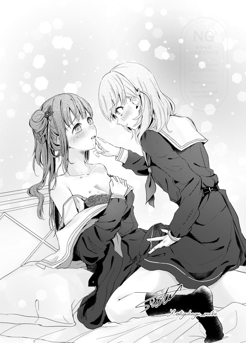 2girls absurdres bra breasts bulge cerise_bouquet cleavage clothes_pull commentary_request crossed_bangs cum cum_in_clothes cum_through_clothes double_strap_slip dress dress_pull drooling erection erection_under_clothes flower futa_with_female futanari greyscale hair_bun hair_flower hair_ornament hasu_no_sora_school_uniform highres hinoshita_kaho large_breasts link!_like!_love_live! long_hair long_sleeves looking_at_another love_live! medium_dress medium_hair monochrome multiple_girls neckerchief on_bed otomune_kozue pleated_dress profile rabbit_hair_ornament sailor_collar sailor_dress saliva school_uniform side_ponytail sidelocks signature single_side_bun suito tassel tassel_hair_ornament twitter_username two_side_up underwear virtual_youtuber winter_uniform