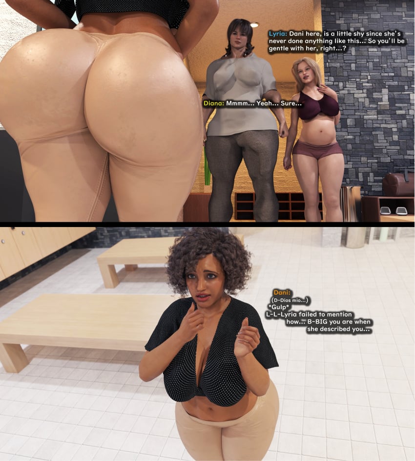 1futa 2girls 3d big_breasts blankken bulge_through_clothing dani_(blankken) diana_(blankken) fat_ass fat_butt fully_clothed futanari huge_ass huge_cock locker_room lustful_gaze muscular_futanari nervous nervous_smile pregnant size_difference tan-skinned_female