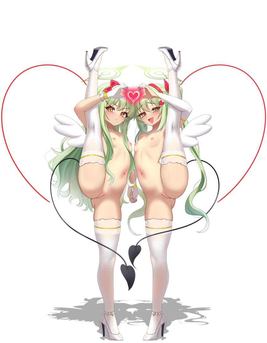 2girls absurdres angel_wings black_tail blue_archive blush breasts demon_girl demon_tail flexible full_body green_hair green_halo halo heart heart_hands highres hikari_(blue_archive) holding_own_leg hugging_own_legs kiari_art kneepits leg_hold leg_lift leg_up long_hair looking_at_viewer multiple_girls navel nipples nozomi_(blue_archive) nude open_mouth presenting pussy siblings simple_background sisters small_breasts smile split standing standing_on_one_leg standing_split tail take_your_pick thighhighs twins uncensored white_background wings yellow_eyes young