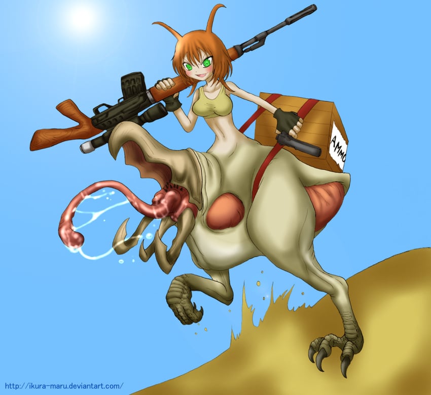 ammo_crate blush brown_hair claws color crate cute_fang day desert female female_only fingerless_gloves gloves green_eyes gum gun hair holding_gun ikura-maru long_tongue open_eyes open_mouth outdoors pistol rifle rule_63 saliva sand short_hair shrieker solo tongue tongue_out tremors