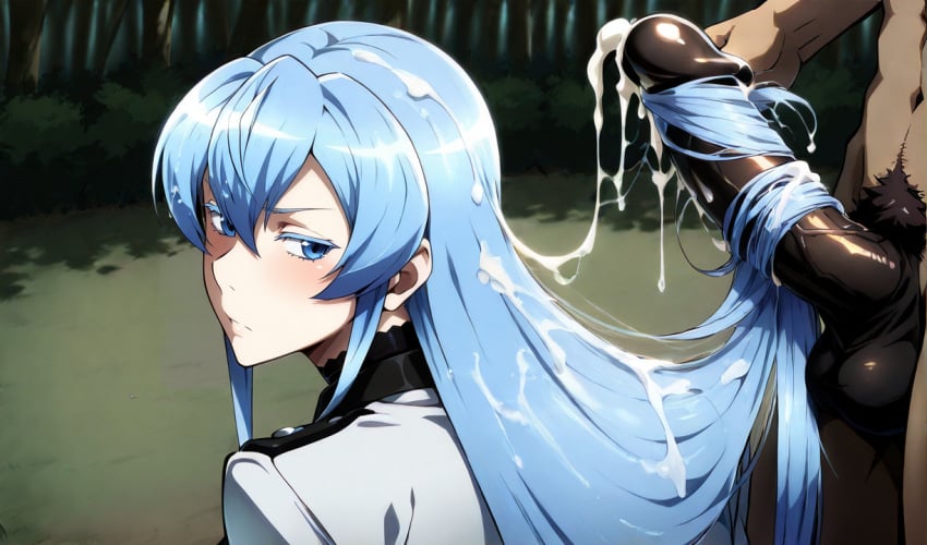 1boy1girl ai_generated akame_ga_kill! blue_eyes blue_hair clothed_female_nude_male cum cum_on_hair cumdrip dark_penis ejaculation esdeath_(akame_ga_kill!) from_behind hair_fetish hairjob large_breasts looking_at_viewer male_pubic_hair military_uniform outdoors very_long_hair