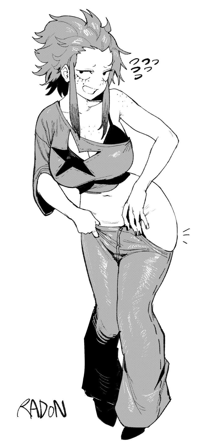 bare_belly big_breasts big_eyes black_and_white freckles freckles_on_breasts freckles_on_face freckles_on_shoulders jeans jeans_down looking_at_viewer pants_down pants_removed radon1014 removing_clothing removing_pants short_hair sketch slim_waist tagme tagme_(character) thick thick_ass thick_hips thick_thighs undressing unknown_character wide_hips