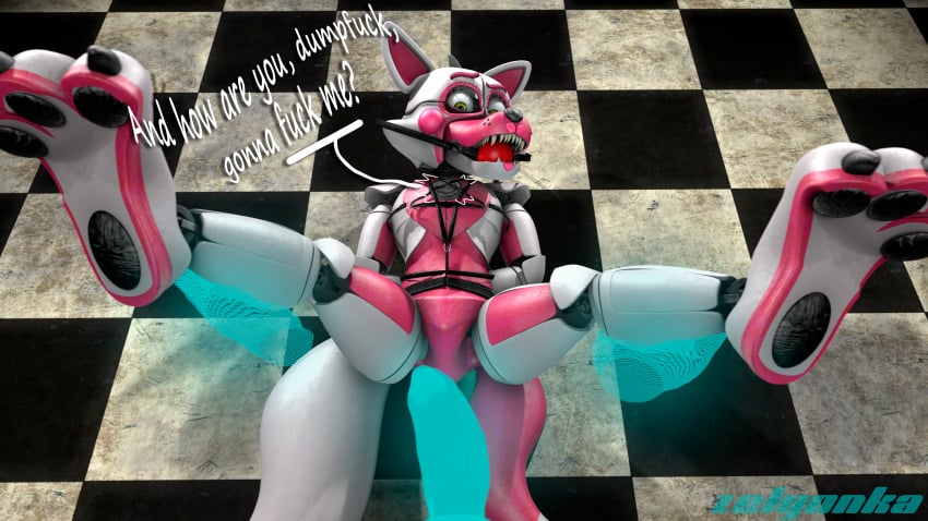 2_tails 3_toes 3d absurd_res ambiguous_gender animatronic anthro ball_gag big_penis bondage canid canine checkered checkered_floor claws confusion digital_media_(artwork) disembodied_hand disembodied_penis duo english_text eyebrows featureless_crotch feet five_nights_at_freddy's fox funtime_foxy_(fnaf) funtime_foxy_qutiix gag gagged genitals hands_behind_back harness harness_ball_gag harness_gag hi_res holding_both_legs human legs_up looking_at_genitalia looking_at_penis lying lying_on_ground machine male mammal multi_tail muzzle_(object) on_back on_ground penis profanity raised_eyebrow raised_inner_eyebrows robot robot_anthro scottgames sharp_teeth sister_location source_filmmaker_(artwork) spread_legs spreading tail talking_to_viewer teeth text toes watermark zelyonka