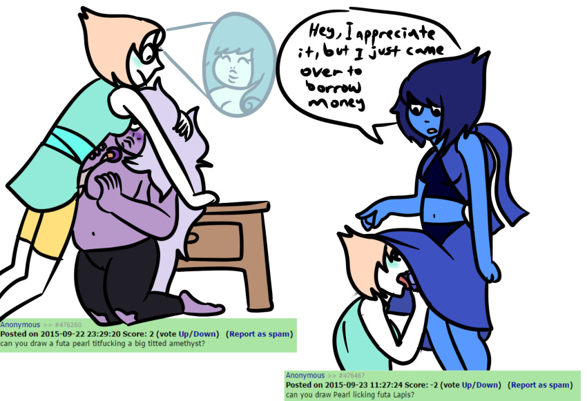 1girls 2015 2futas amethyst_(steven_universe) blue_skin boobs breasts cartoon_network clothing color english english_text futanari gem_(species) intersex lapis_lazuli_(gem) lapis_lazuli_(steven_universe) licking_penis licking_tip oral paizuri partially_clothed pearl_(steven_universe) purple_skin rule_34_comment smooth_skin steven_universe suggestion titfuck tits under_dress white_background white_skin