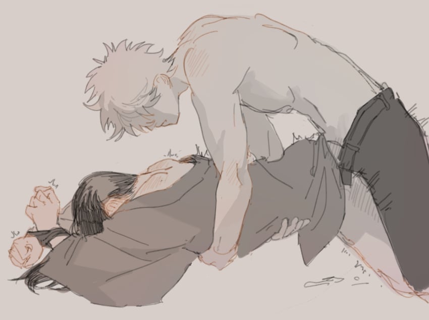 2boys anal anal_sex black_hair blush bottomless bound_wrists clothed_sex from_behind gay gintama gintoki_sakata haori implied_anal katsura_kotarou kimono long_hair long_hair_male male male_only mil76048644 muted_color no_visible_genitalia restrained topless_male waist_grab yaoi