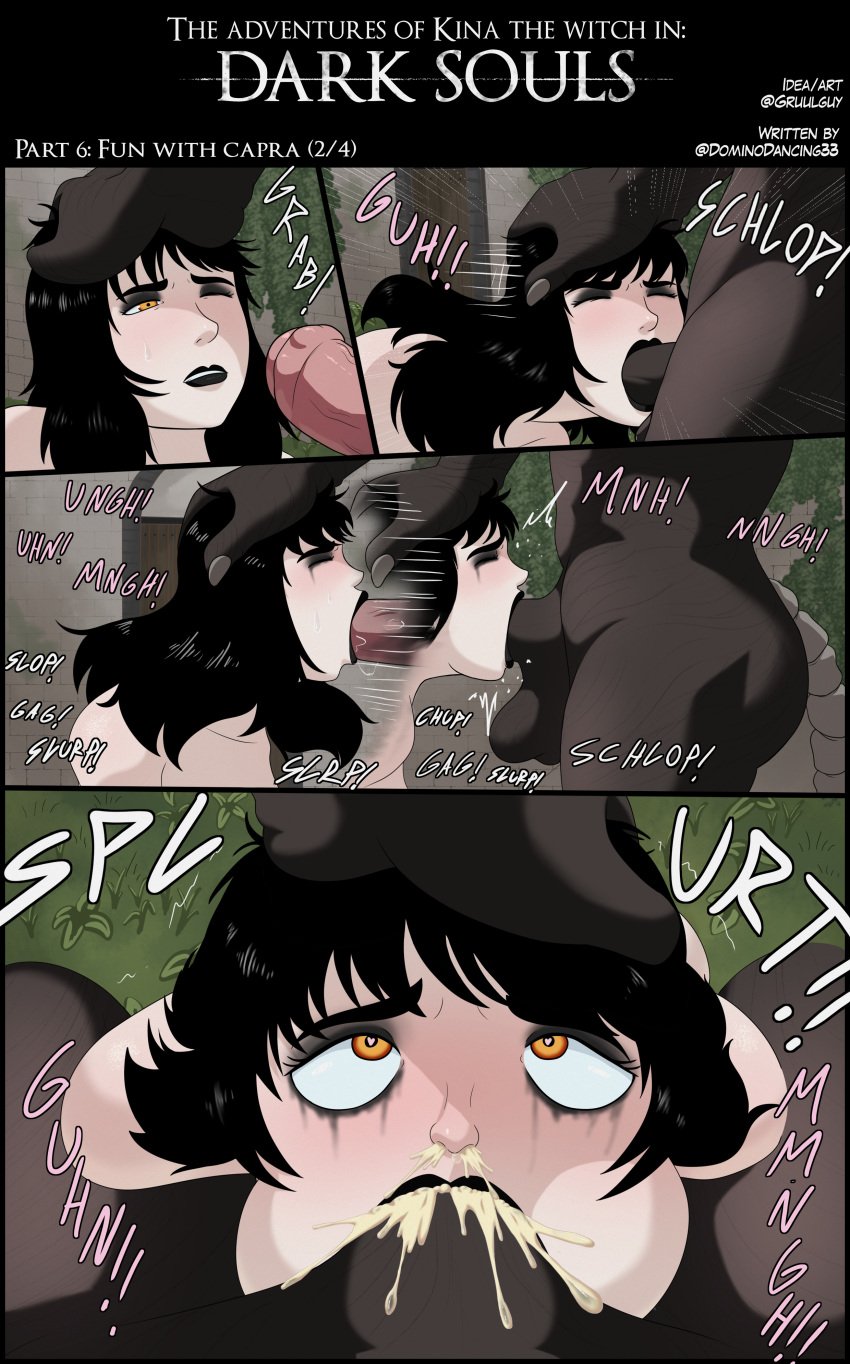 black_hair black_lipstick blowjob capra_demon chosen_undead comic comic_page cum cum_in_mouth cum_through_nose cumshot dark_souls demon dominodancing33 forced_oral goth goth_girl gruulguy head_grab horse_penis horsecock kina_the_witch makeup makeup_running male nude nude_female oral oral_penetration oral_sex pale_skin penis red_eyes very_high_resolution witch