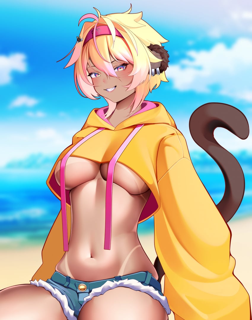 beach blonde_hair clothed cropped_hoodie dark-skinned_female dark_skin detailed_background earrings headband hotpants indie_virtual_youtuber kokonuts mats_kuro monkey_girl short_hair tail tanlines underboob violet_eyes virtual_youtuber