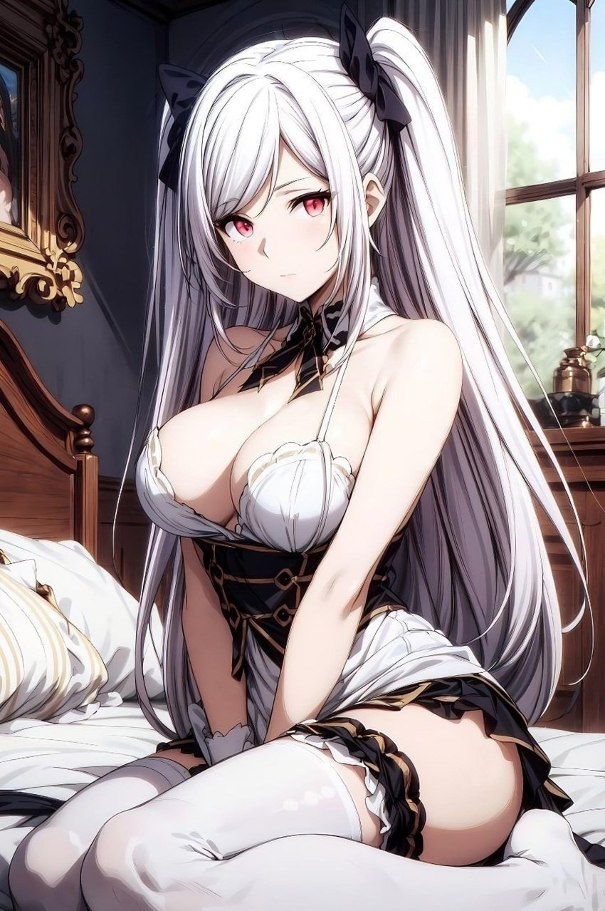 ai_generated alexia_midgar ass bedroom big_breasts black_bow busty cleavage earth-34 red_eyes skirt stockings the_eminence_in_shadow twintails white_hair