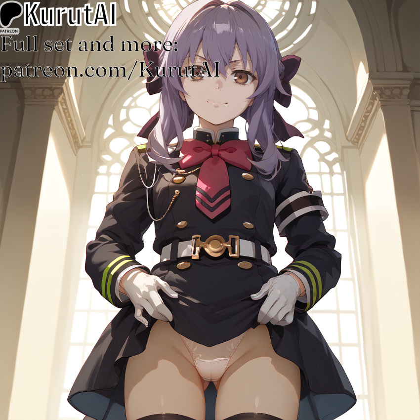 1girls ai_generated artist_name artist_signature ass_visible_through_thighs bow brown_eyes clothes_lift gloves hi_res high_resolution highres hiiragi_shinoa indoors kurutai long_hair looking_at_viewer owari_no_seraph panties patreon purple_hair seraph_of_the_end shinoa_hiiragi skirt smile solo thighhighs uncensored underwear white_panties