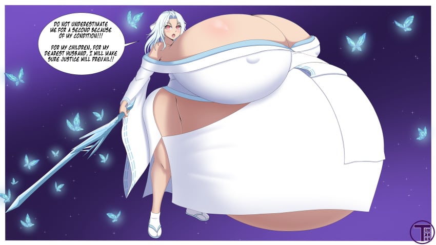 1girls alternate_breast_size artist_name ass belly belly_bigger_than_body bloated_belly breasts breasts_bigger_than_head breasts_bigger_than_torso butterfly clothed clothing english_text female female_focus gigantic_belly gigantic_breasts hair_ribbon holding_object hyper hyper_belly hyper_breasts hyper_pregnancy loyal loyalty medium_hair pregnant pregnant_female ready_to_pop red_eyes round_belly senran_kagura speech_bubble text thick_thighs thighs timaeus white_hair yumi_(senran_kagura)