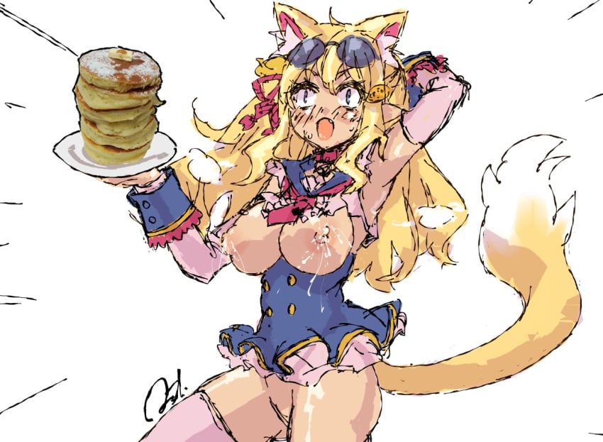 astjiete breasts cat_ears cat_tail catgirl disgaea disgaea_7 exposed_breasts exposed_pussy lactation large_breasts nippon_ichi_software no_bra no_panties pancake pirilika