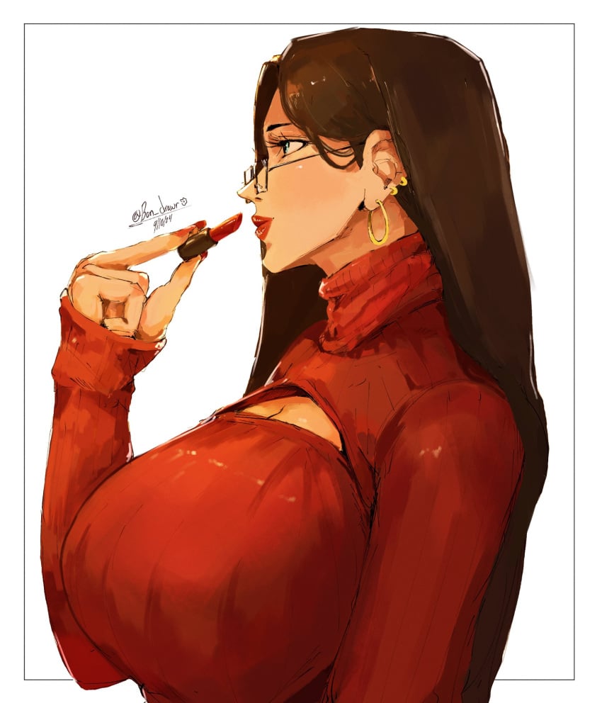 bon_drawr breasts clothing earrings female female_only glasses large_breasts lips lipstick makeup nico_robin one_piece putting_on_lipstick red_clothing red_lipstick side_view turtleneck