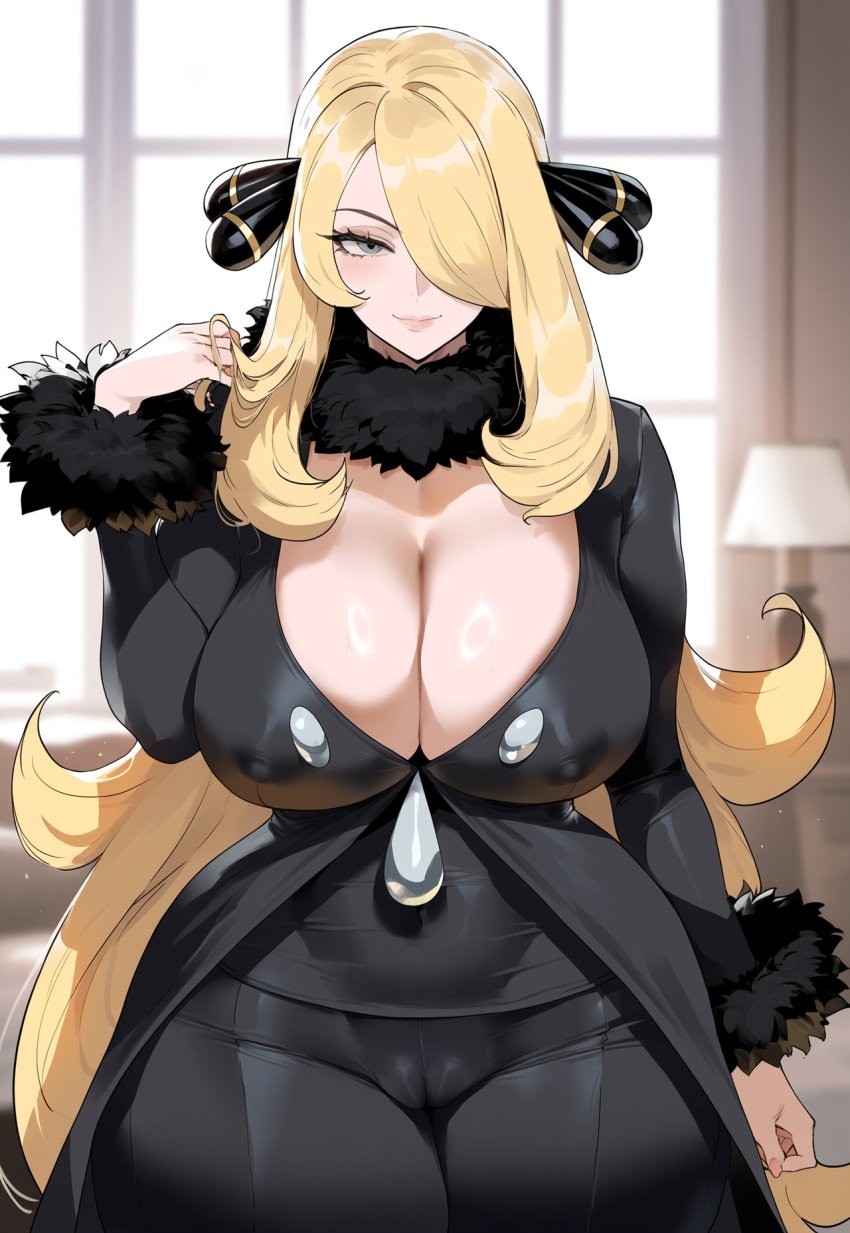 1girls ai_generated bangs blonde_female blonde_hair creamy_ai cynthia_(pokemon) light_skin long_hair mature mature_female nintendo one_eye_covered one_eye_obstructed pokemon pokemon_bw pokemon_dppt tagme thiccwithaq_(ai_style)