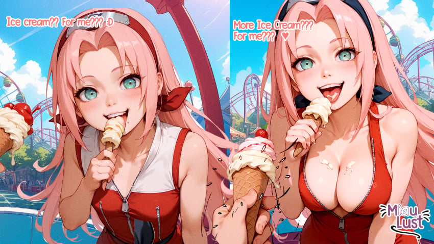 ai_assisted ai_generated green_eyes ice ice_cream miaulust naruto naruto_(classic) naruto_(series) naruto_shippuden park sakura_haruno sucking sucking_ice_cream