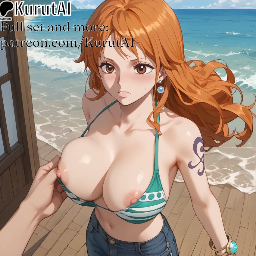 1girls ai_generated artist_name artist_signature beach bikini bikini_top blush bracelet breasts brown_eyes clothes_pull collarbone earrings fisheye from_above hi_res high_resolution highres jewelry kurutai large_breasts long_hair looking_at_viewer nami nami_(one_piece) nami_\(one_piece\) navel nipples one_piece orange_hair outdoors patreon shorts solo_focus swimsuit tattoo uncensored