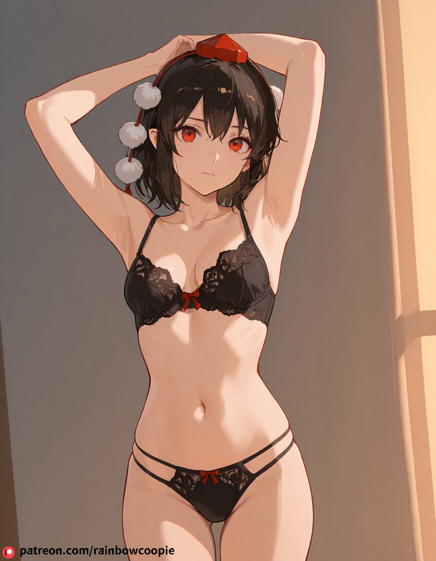 1girl ai_generated armpits arms_up brown_hair disheveled embarrass lace_lingerie navel red_eyes shameimaru_aya small_breasts touhou