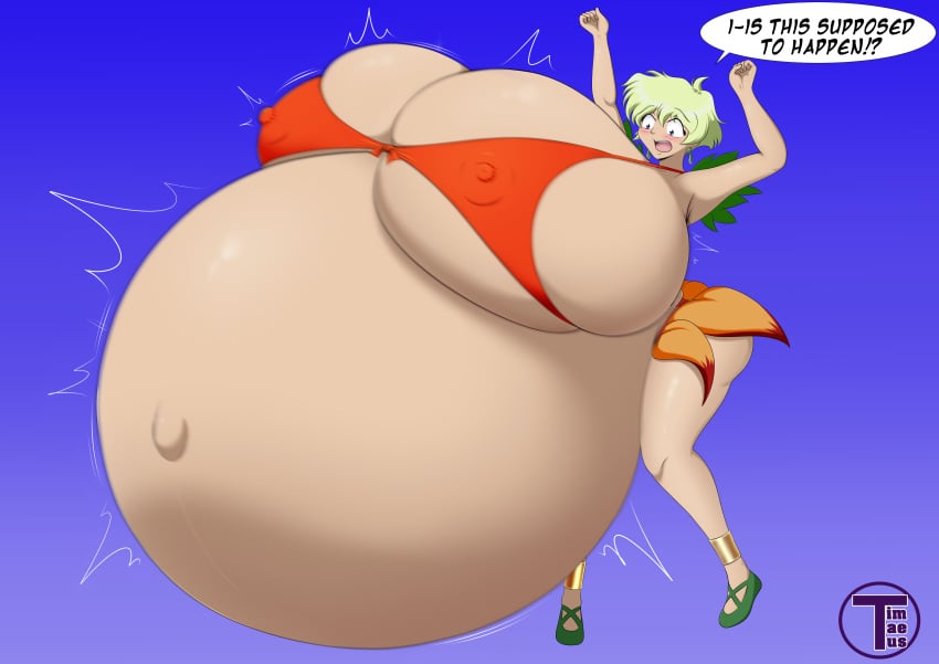 1girls alternate_breast_size areolae artist_name belly belly_bigger_than_body bikini_top bloated_belly blonde_hair blue_background blue_eyes breasts breasts_bigger_than_head breasts_bigger_than_torso breasts_on_belly earrings english_text female female_focus gigantic_belly gigantic_breasts hyper hyper_belly hyper_breasts hyper_pregnancy jungle_de_ikou mii_(jungle_de_ikou) nipple_bulge nipples open_mouth orange_bikini_top pregnant pregnant_female ready_to_pop round_belly shirt shocked shocked_expression simple_background skindentation speech_bubble surprised text timaeus