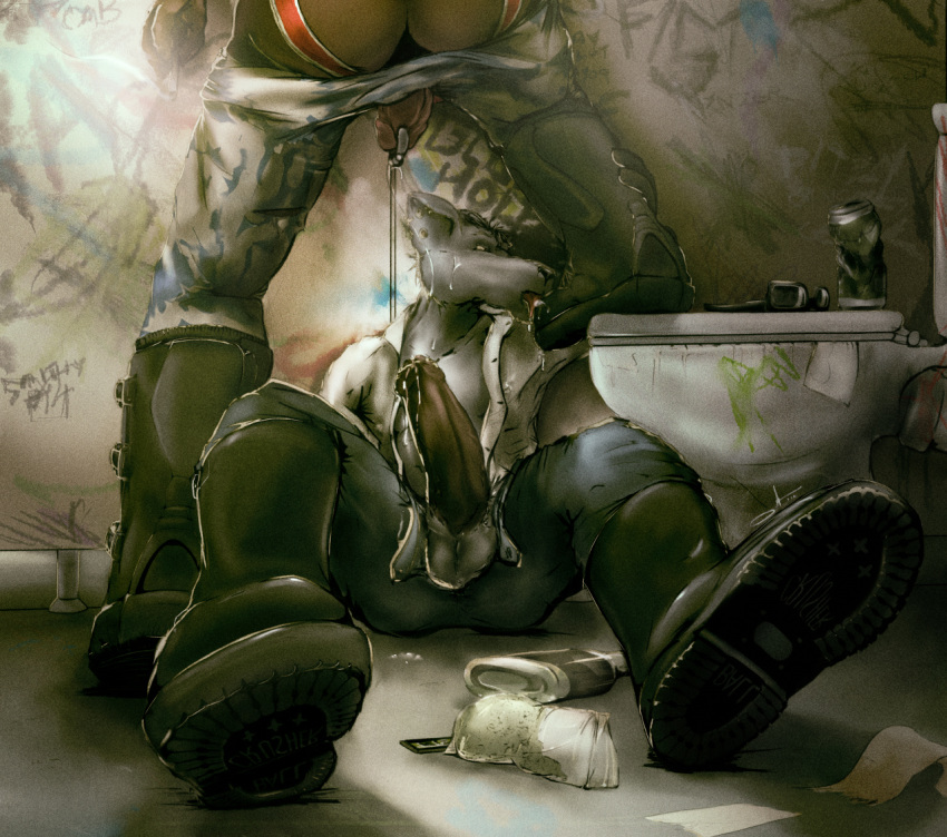 2boys bathroom boots clothed clothing cum cum_drip cum_string daddy dripping drugs erection footwear gay genital_piercing half-dressed junkersquawker male male_only piercing shoe_lick shoes sitting sitting_on_floor toilet yaoi