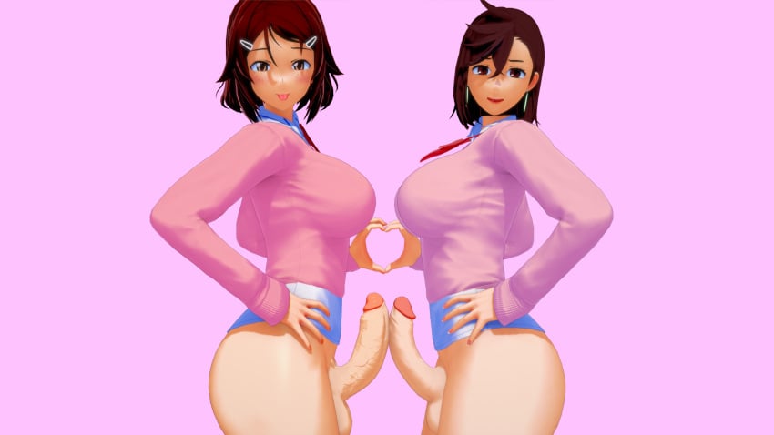 2futas 3d ayase_momo big_breasts big_cock big_dick big_penis boner brown_hair cock dandadan dick dickgirl earrings erect_penis erection excited freckles futa_on_futa futanari hairpin hands_on_hips koikatsu large_breasts large_cock large_dick large_penis light_skin lisbeth looking_at_viewer lovac22 penis self_upload shemale shinozaki_rika short_hair simple_background sword_art_online tongue tongue_out