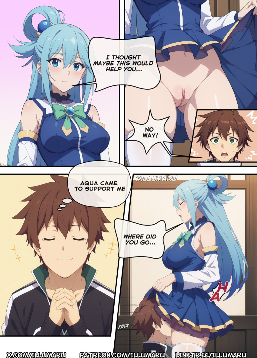 1boy 1boy1girl 1girls 2024 ai_generated aqua_(konosuba) big_breasts clitoris comic cover_page cunnilingus detailed doujinshi dress english_text hi_res illumaru kono_subarashii_sekai_ni_shukufuku_wo! large_breasts licking licking_pussy manga pussy satou_kazuma stable_diffusion stockings text thick_thighs webcomic wet_body wide_hips